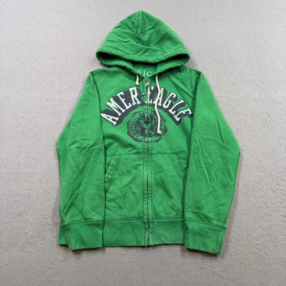 Y2K American Eagle Hoodie Men's Medium Green Fleece Zip Up Loose Skater Gorpcore